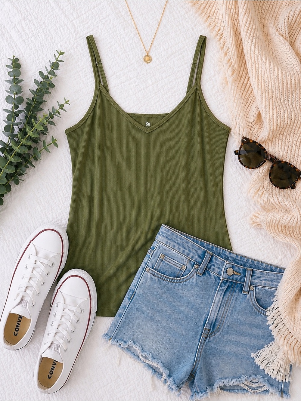 SO Favorite V-Neck Ribbed Cami Tank Top Olive Green 🫒